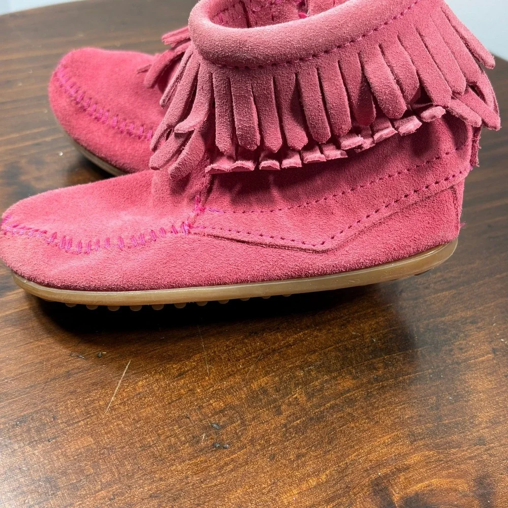 Minnetonka Ankle Boots Girls Size 10 Hot Pink‎ Suede Double Fringe Side Zip 2295